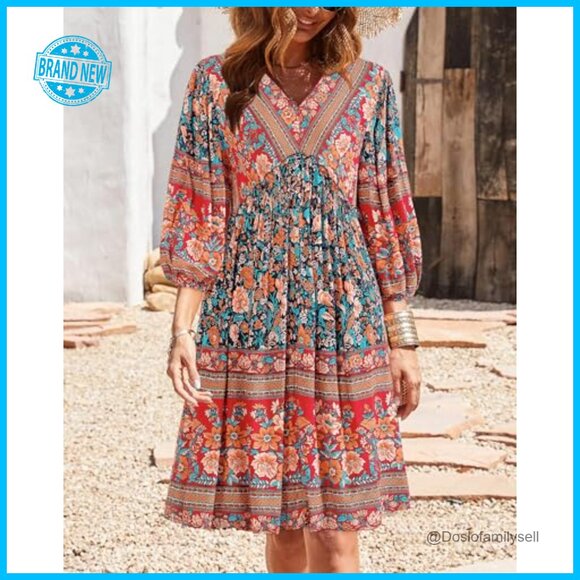 V-Neck Flowy Boho Mini Dress 3/4 Sleeve Ruffle Detail Loose Fit Casual - Picture 2 of 7